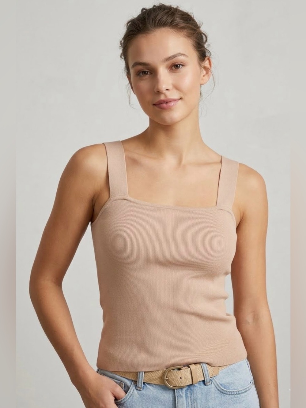 Bardot Women's Square Neck Fitted Knit Tan Tank Top Sweater